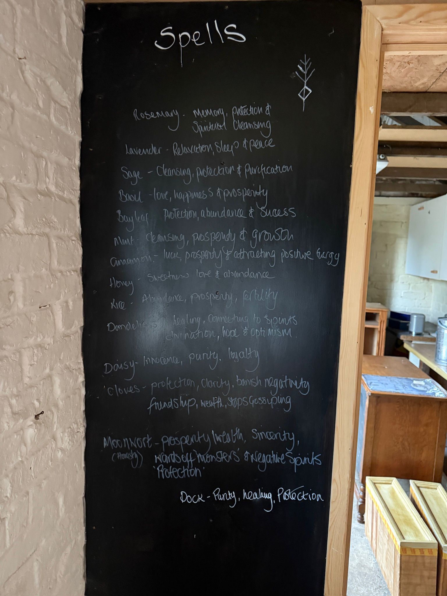 A hand-lettered chalkboard of herbs and their meanings